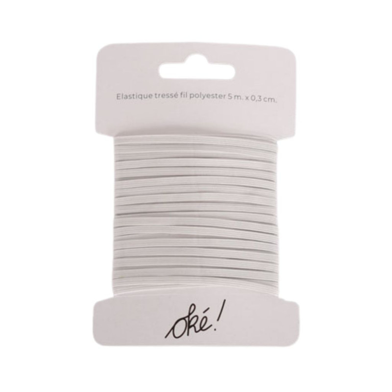 SACHET DE 6 / ELASTIQUE TRESSE POLYESTER BLANC 3 MM. X 5 M.